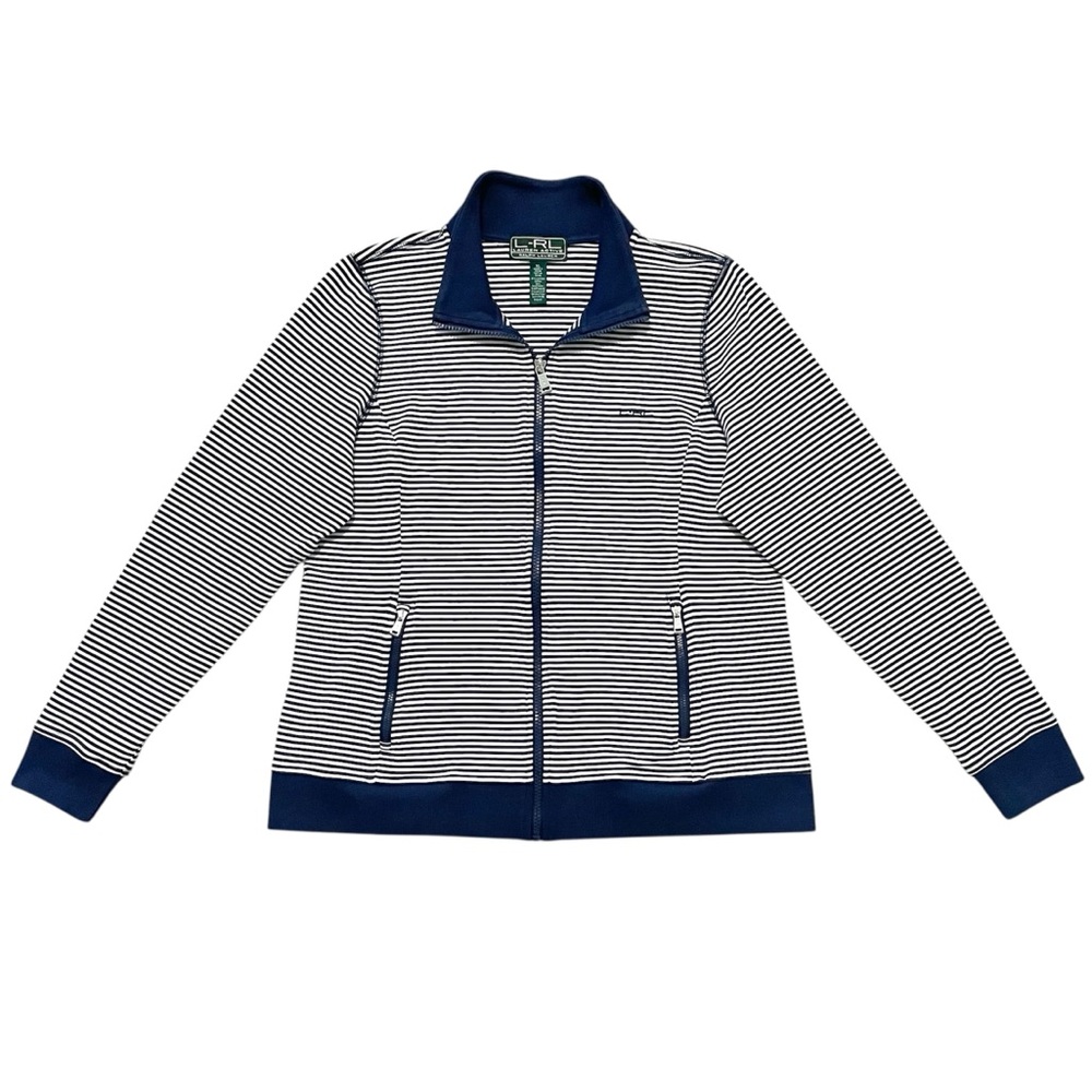 Lauren Active by Ralph Lauren L-RL Navy Blue & White Striped Zip-Up Track Jacket - Picture 4 of 16